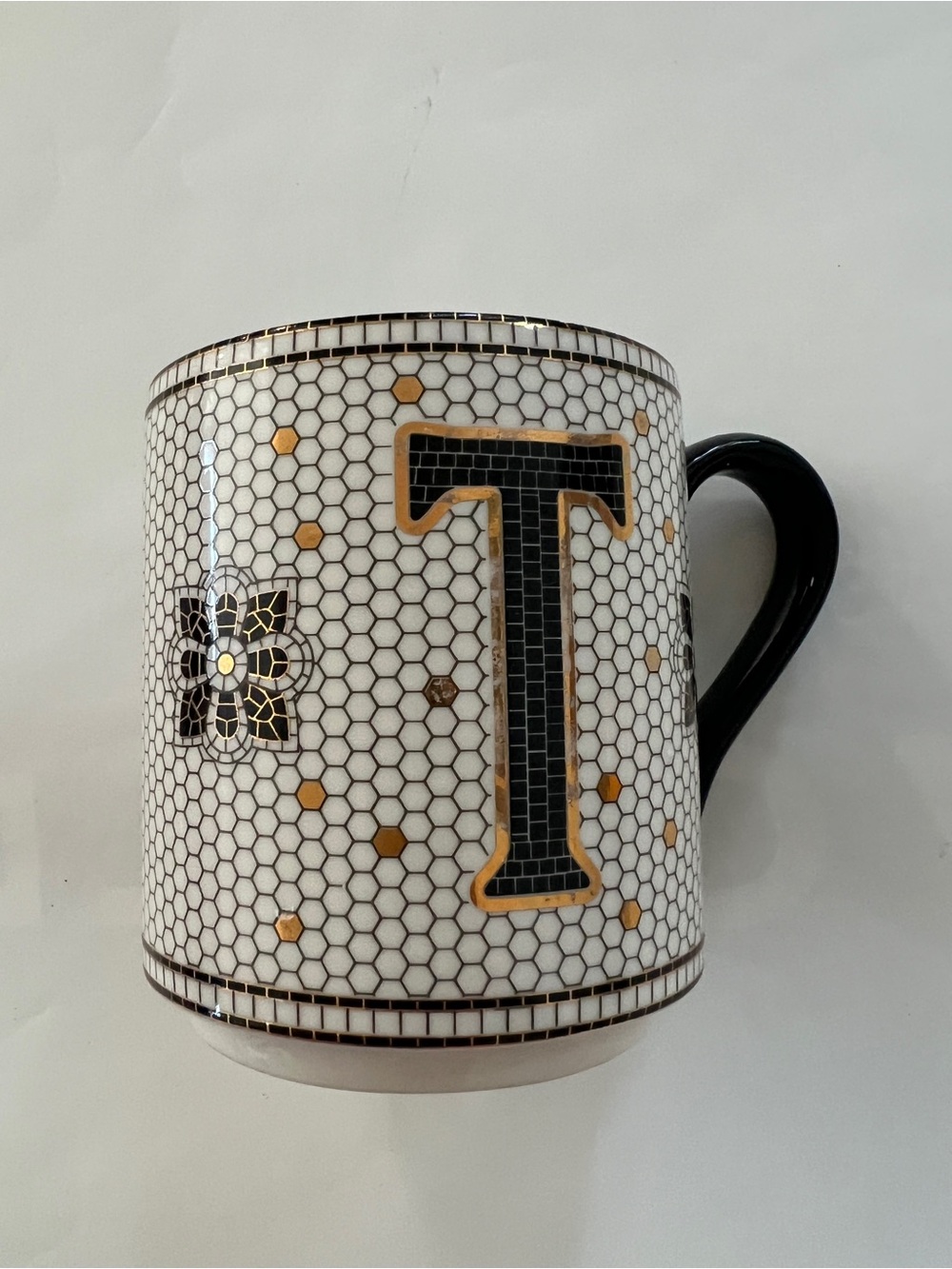 Anthropologie Bistro Tiled Margot Monogram Mug featuring the letter "T"